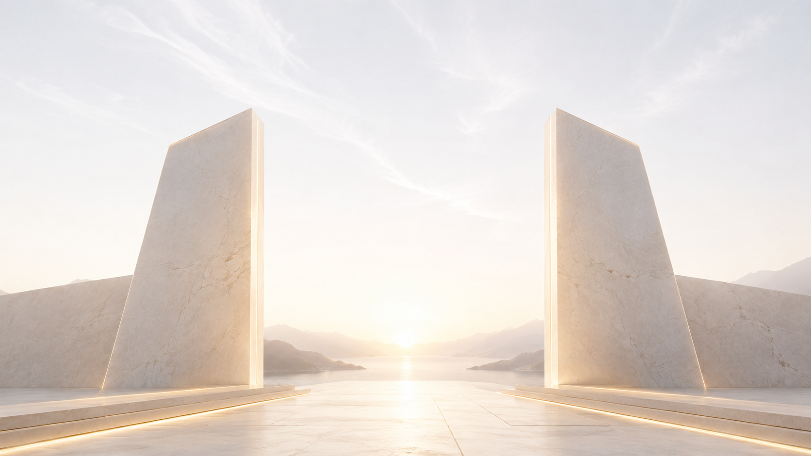 Twin marble monoliths at golden hour