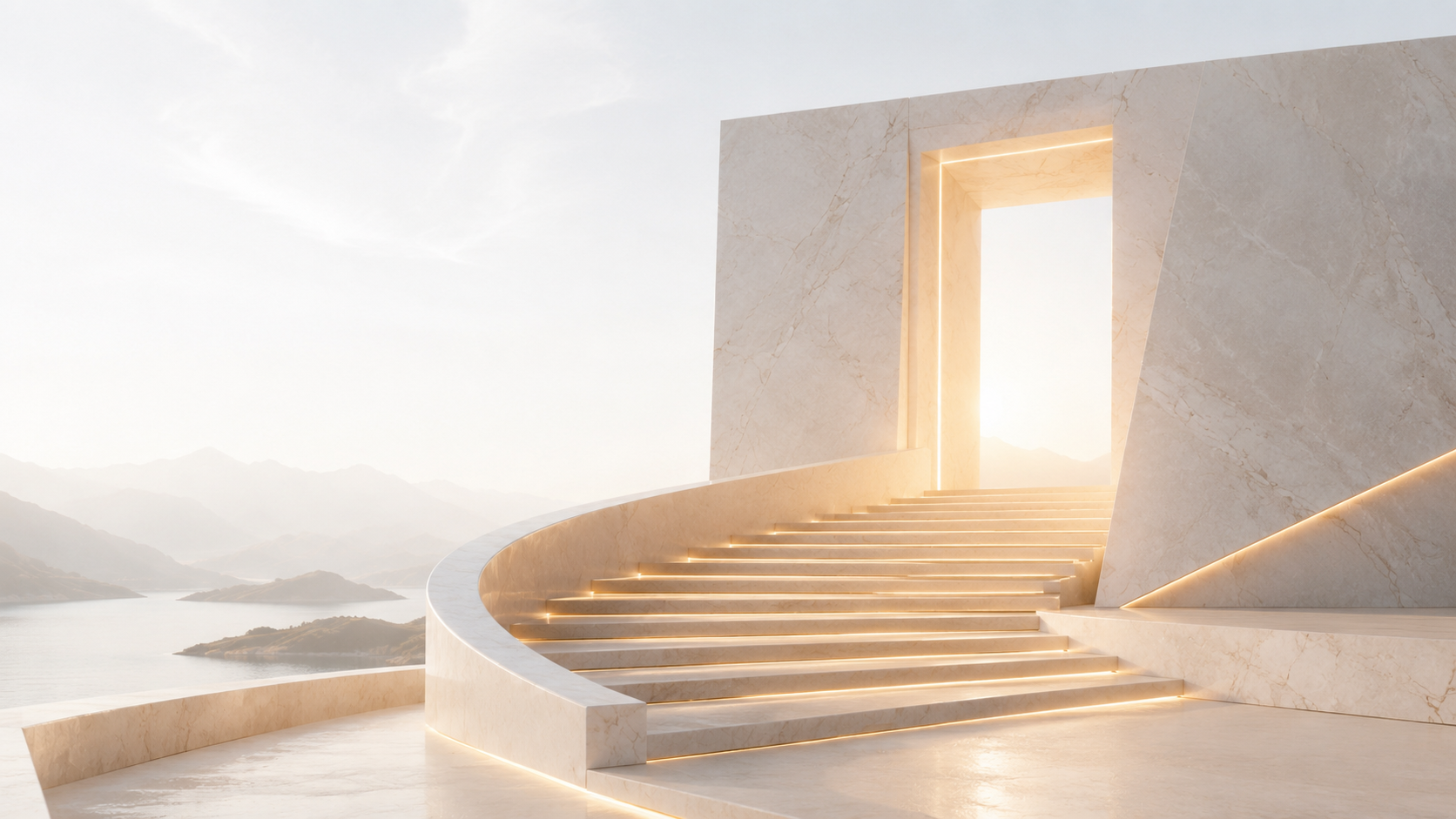 Marble stairway rising to a lit portal